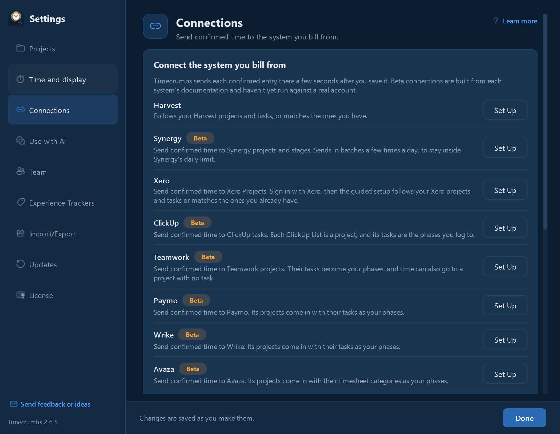 Settings, Connections: the billing systems Timecrumbs can send confirmed time to.