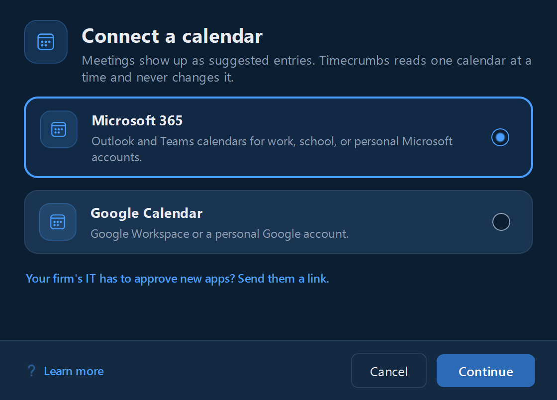 Connect a calendar: Microsoft 365 or Google Calendar.