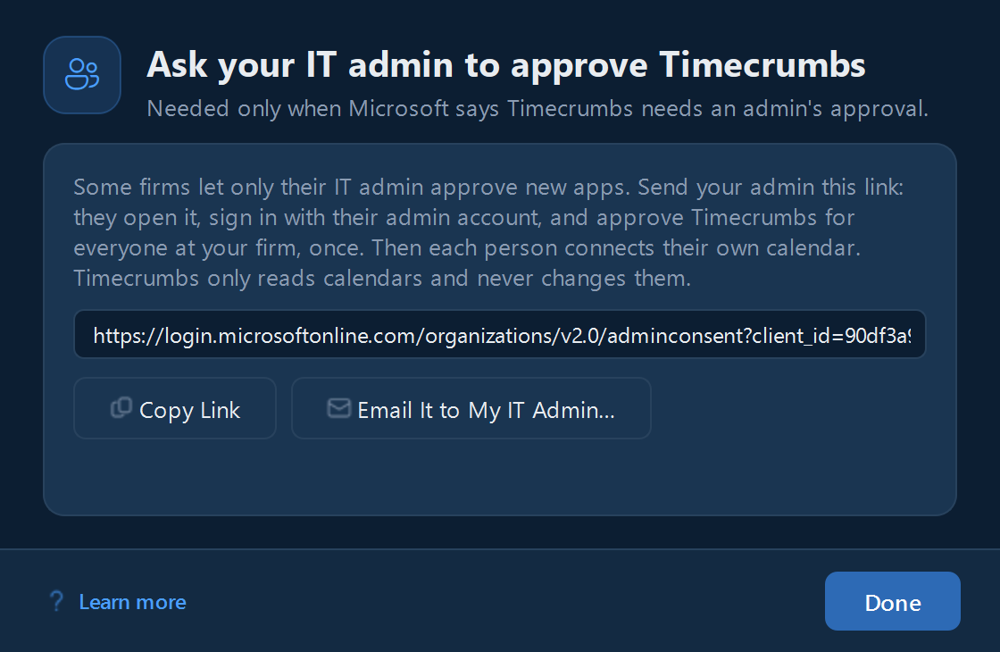 The link and email for a firm's IT admin to approve Timecrumbs.