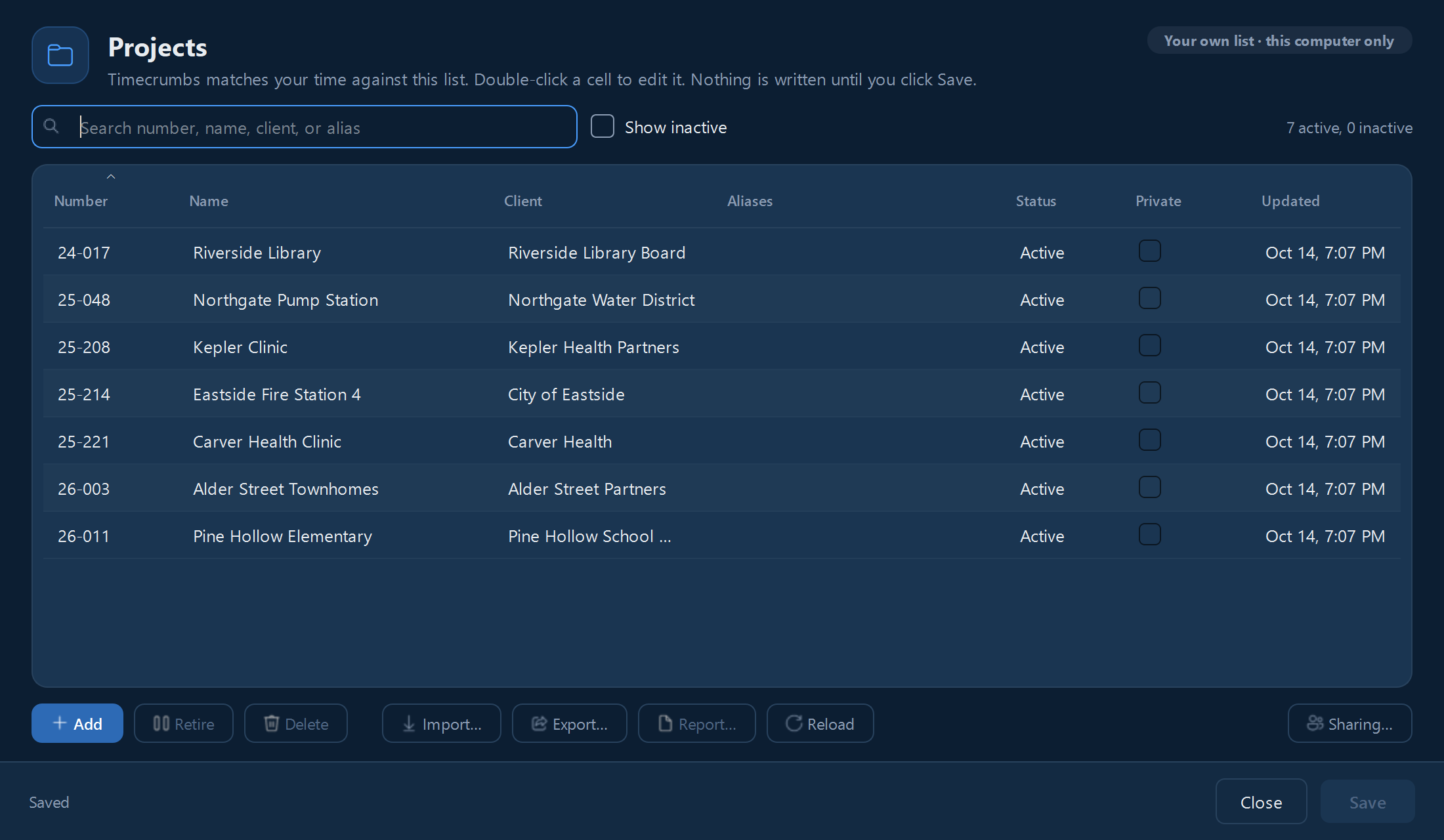 The Projects window: each project's number, name, client, and status.