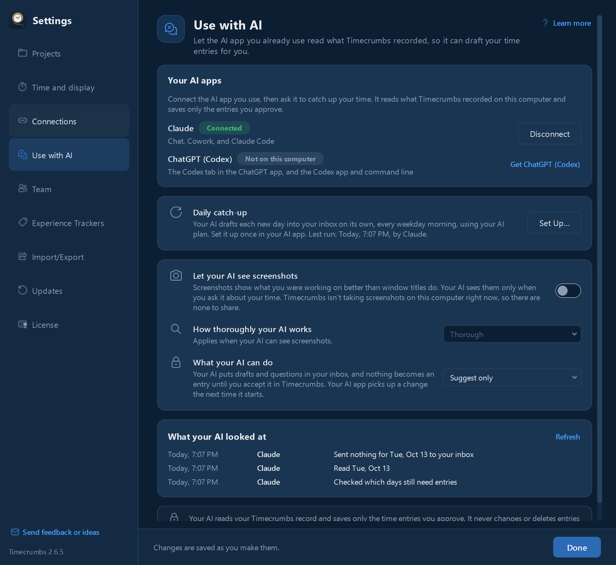 Settings, Use with AI: your AI apps, screenshots for your AI, and what your AI can do.