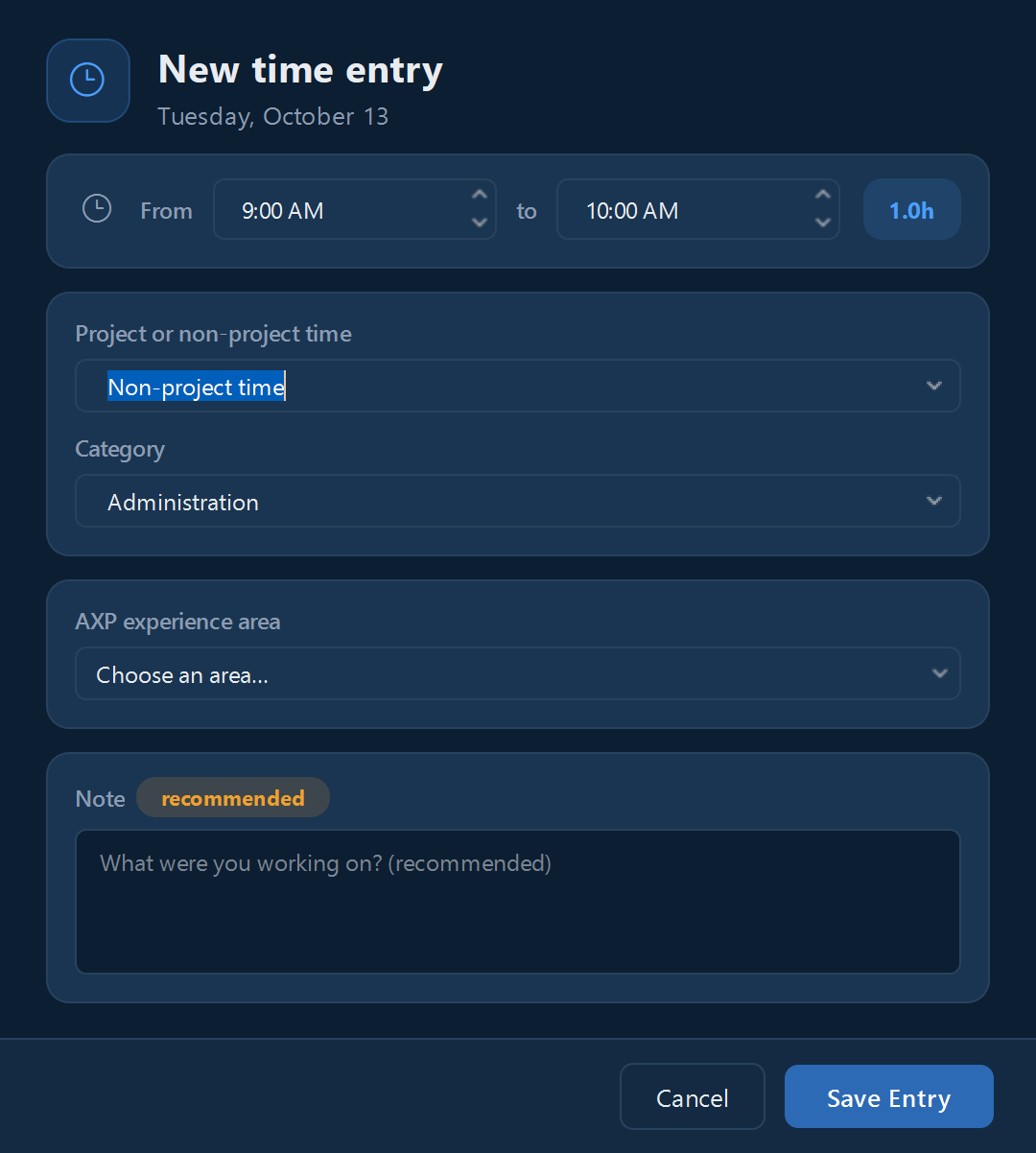 The entry editor: project, phase, times, and a note.